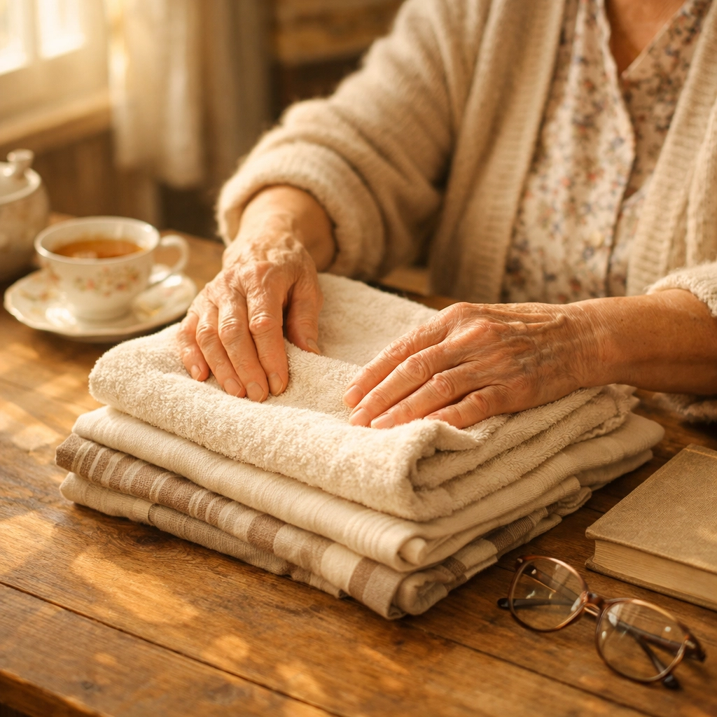 Elderly woman folding laundry at home showing need for light housekeeping home care services