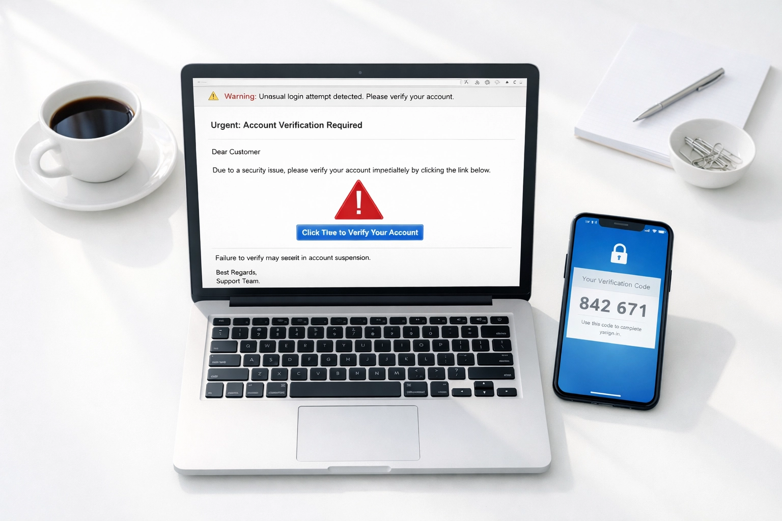 Laptop showing phishing email with smartphone displaying multi-factor authentication code for accounting security