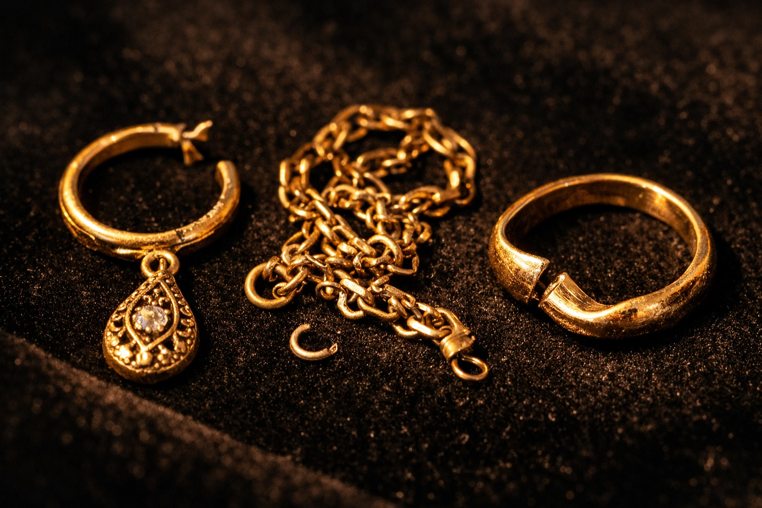 Broken gold jewelry pieces with melt value including single earring and damaged chain