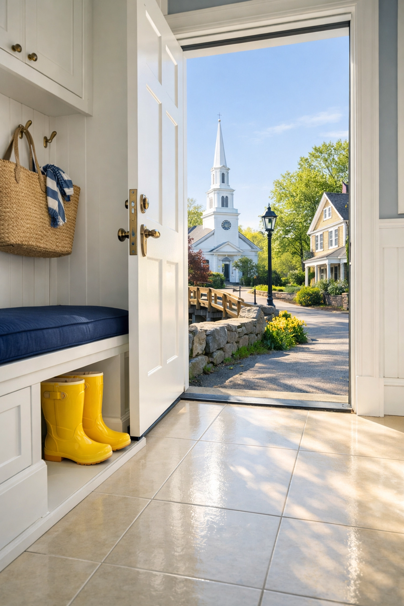 Spotless mudroom looking out to a Concord street, reflecting a clean home sanctuary from regular housekeeping.