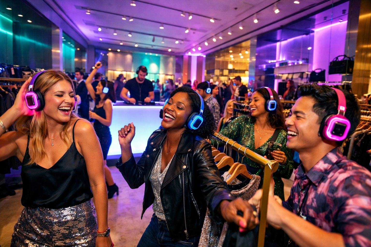Shoppers enjoying a silent disco at a Denver retail store event with JAMMIN' DJs professional entertainment.