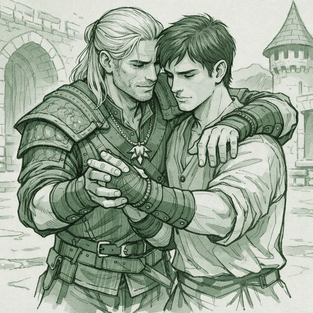 Witcher mentors male partner in courtyard - gay fantasy romance training scene