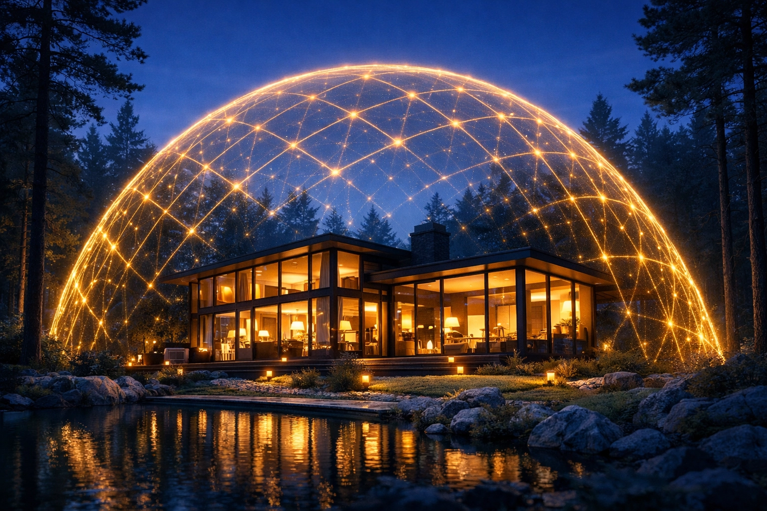 Secure family home with a protective glowing overlay, representing total life insurance coverage and family safety.