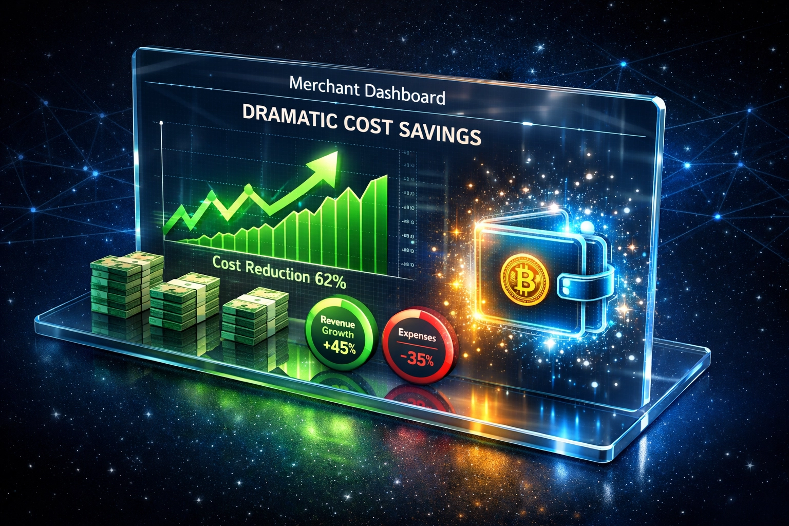 Merchant dashboard showing 93-98% fee savings with self-custody crypto payment processing