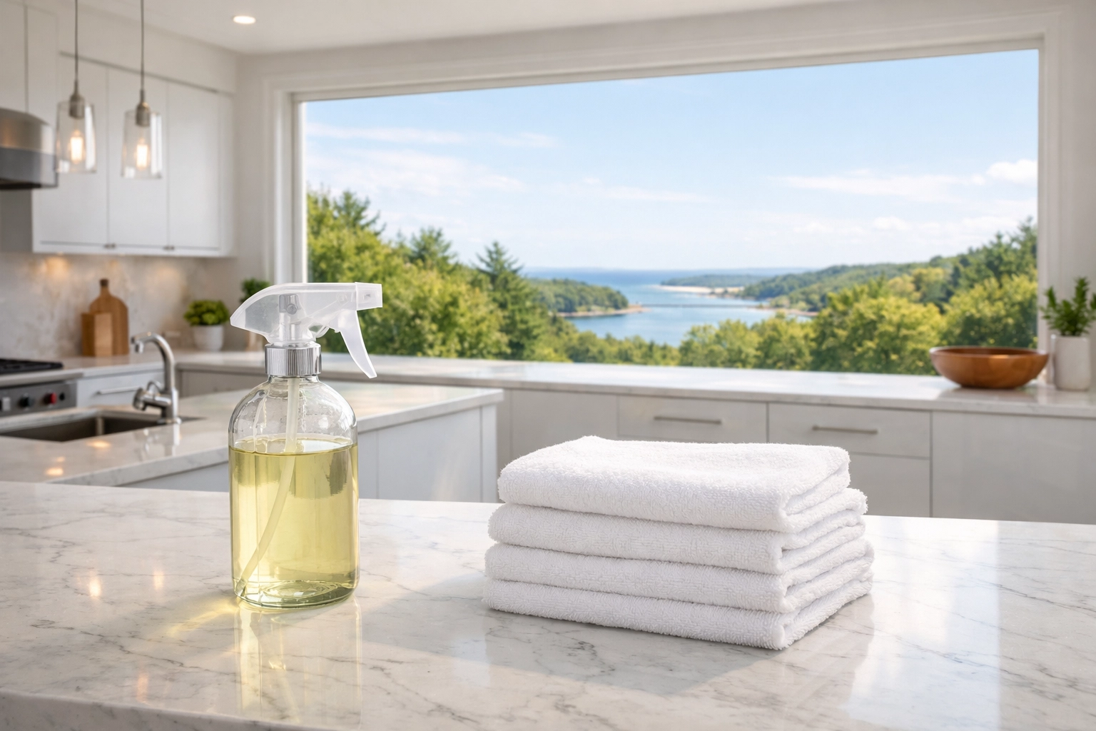 Eco-friendly cleaning products in a modern kitchen overlooking a beautiful Massachusetts landscape.
