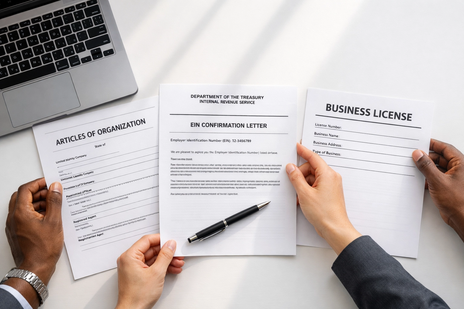 Organizing LLC formation paperwork including Articles of Organization and business documents