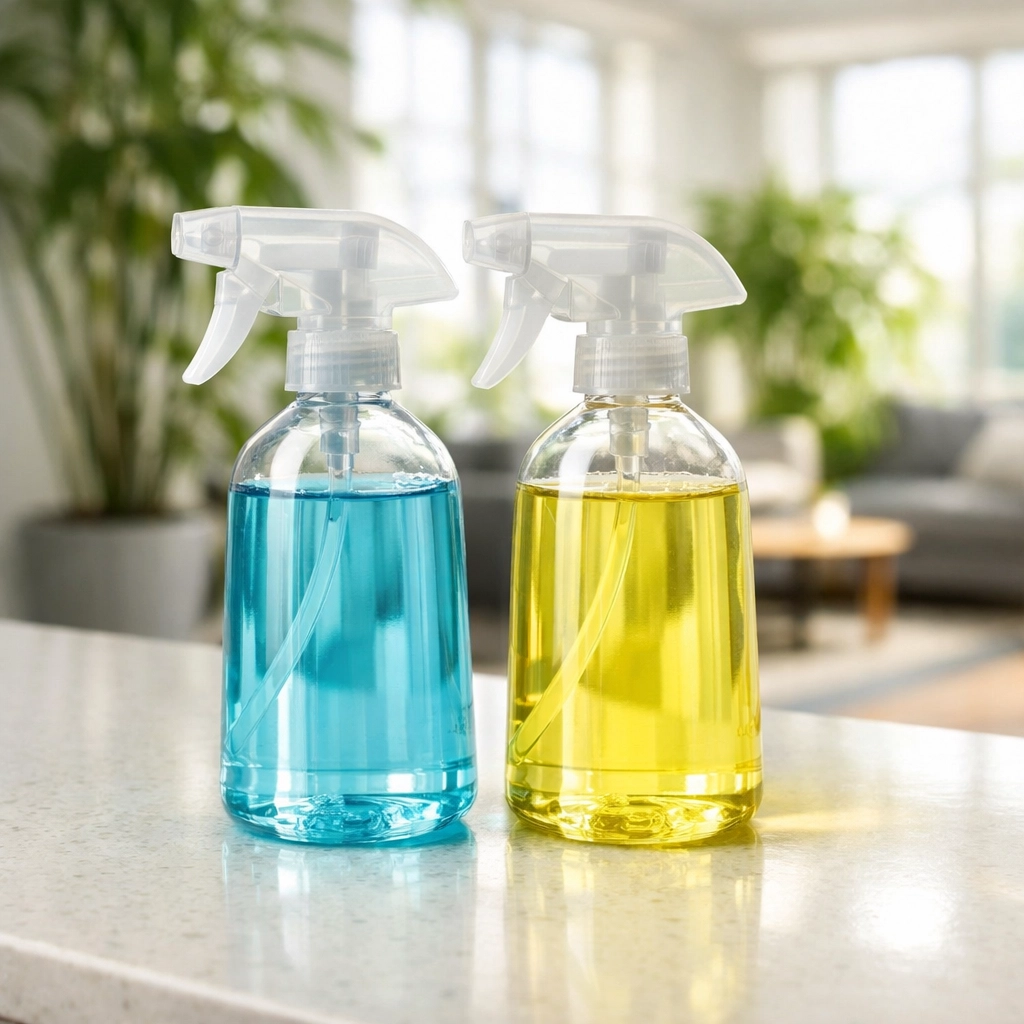 Eco-friendly cleaning products on a sleek office counter highlighting green commercial cleaning in Foxborough.