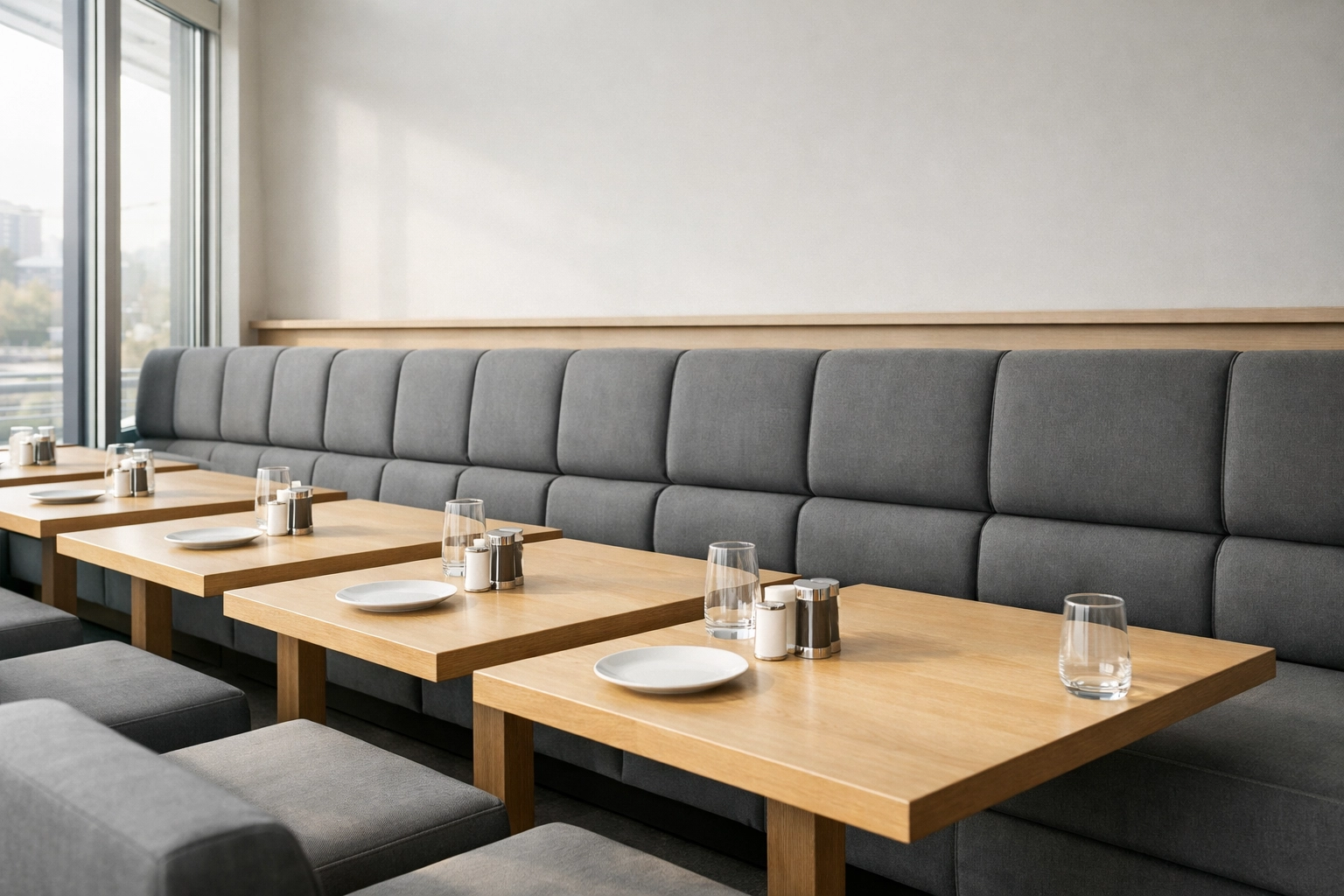 Modern custom upholstered wall booth with charcoal fabric and light-oak tables in a high-end restaurant.
