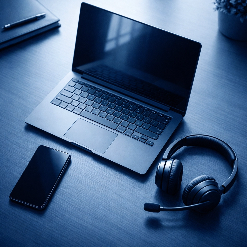 Modern office desk with laptop, smartphone, and wireless headset for cloud-based business phone system