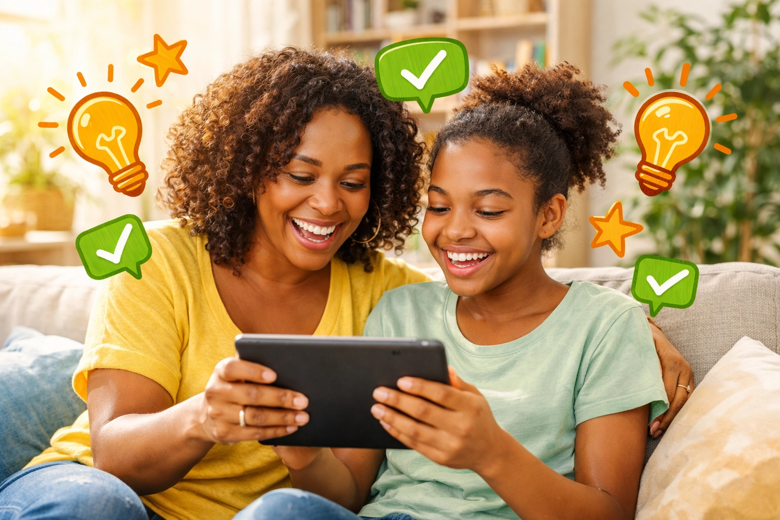 Mother and teenage daughter learning together using Complete Life Skills Platform on tablet