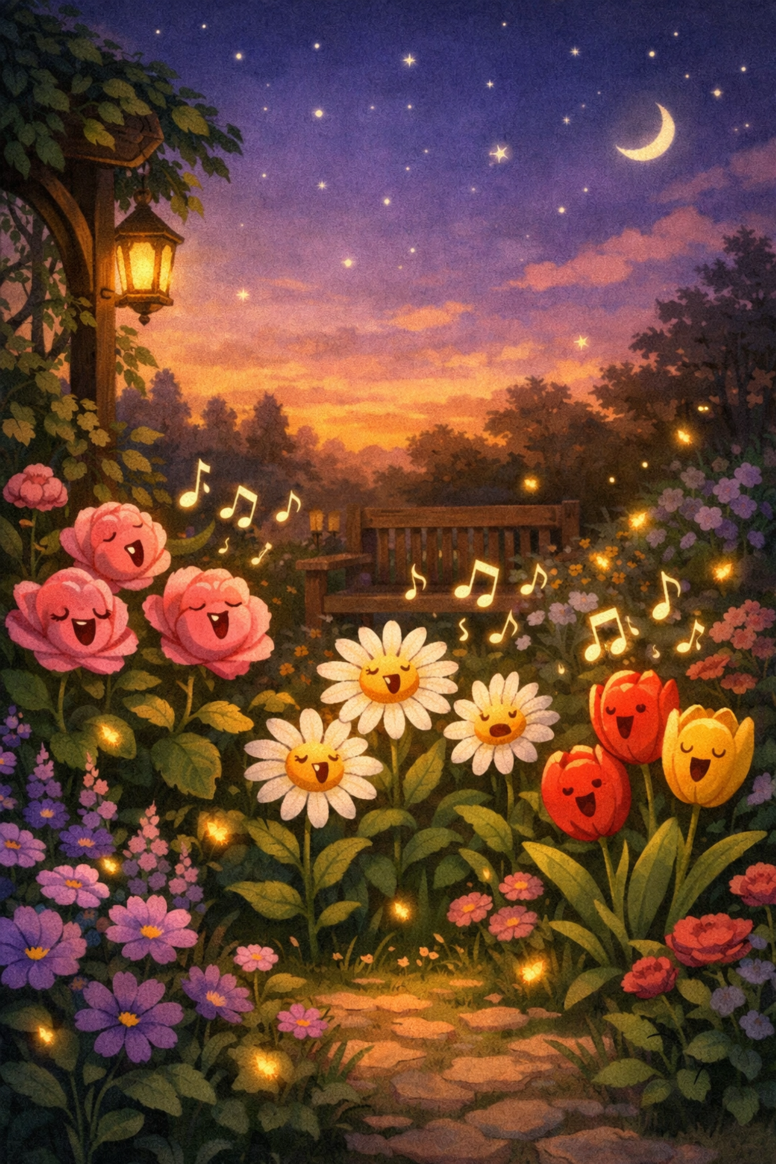 Peaceful twilight garden scene from bedtime story for kids ages 5-10
