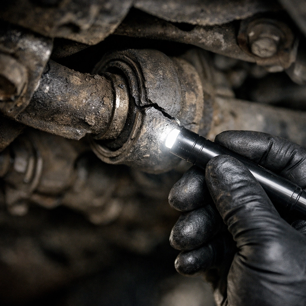 Mechanic inspecting a worn suspension bushing using a diagnostic light to prevent vehicle failure.