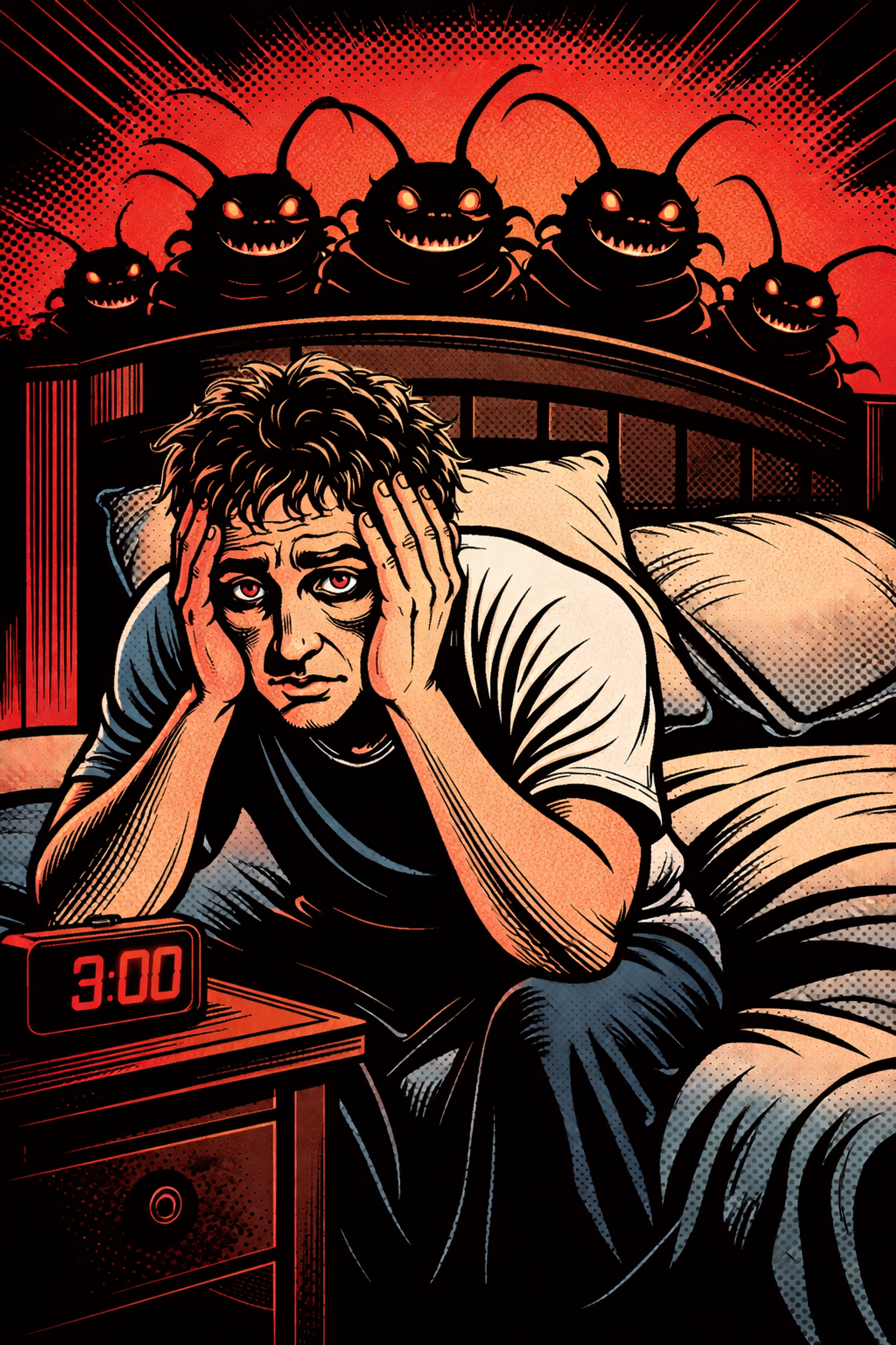 Exhausted man suffering insomnia from bed bug infestation, stressed and tired in bedroom at 3am