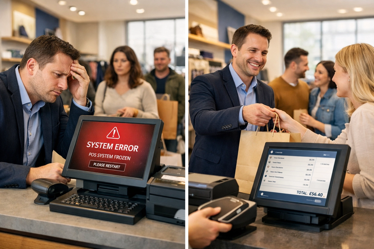 Retail store IT failure vs smooth operations with managed IT support in Solihull