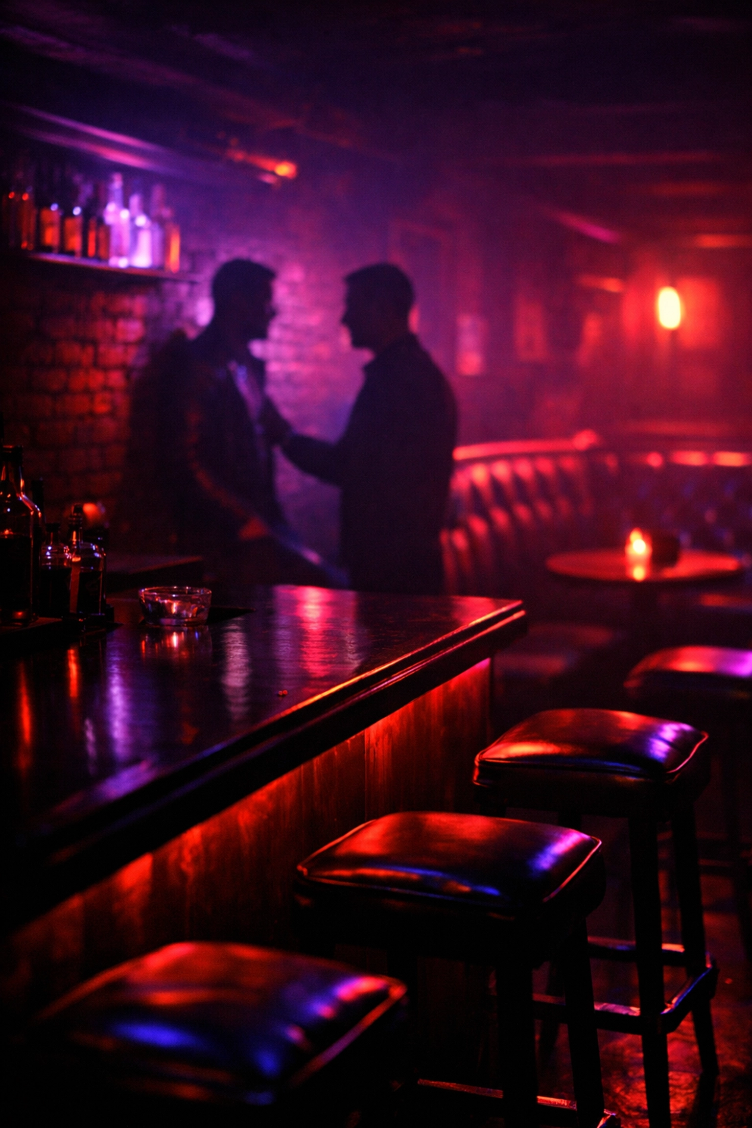 Underground gay cruising bar interior with neon lighting and intimate atmosphere for MM romance