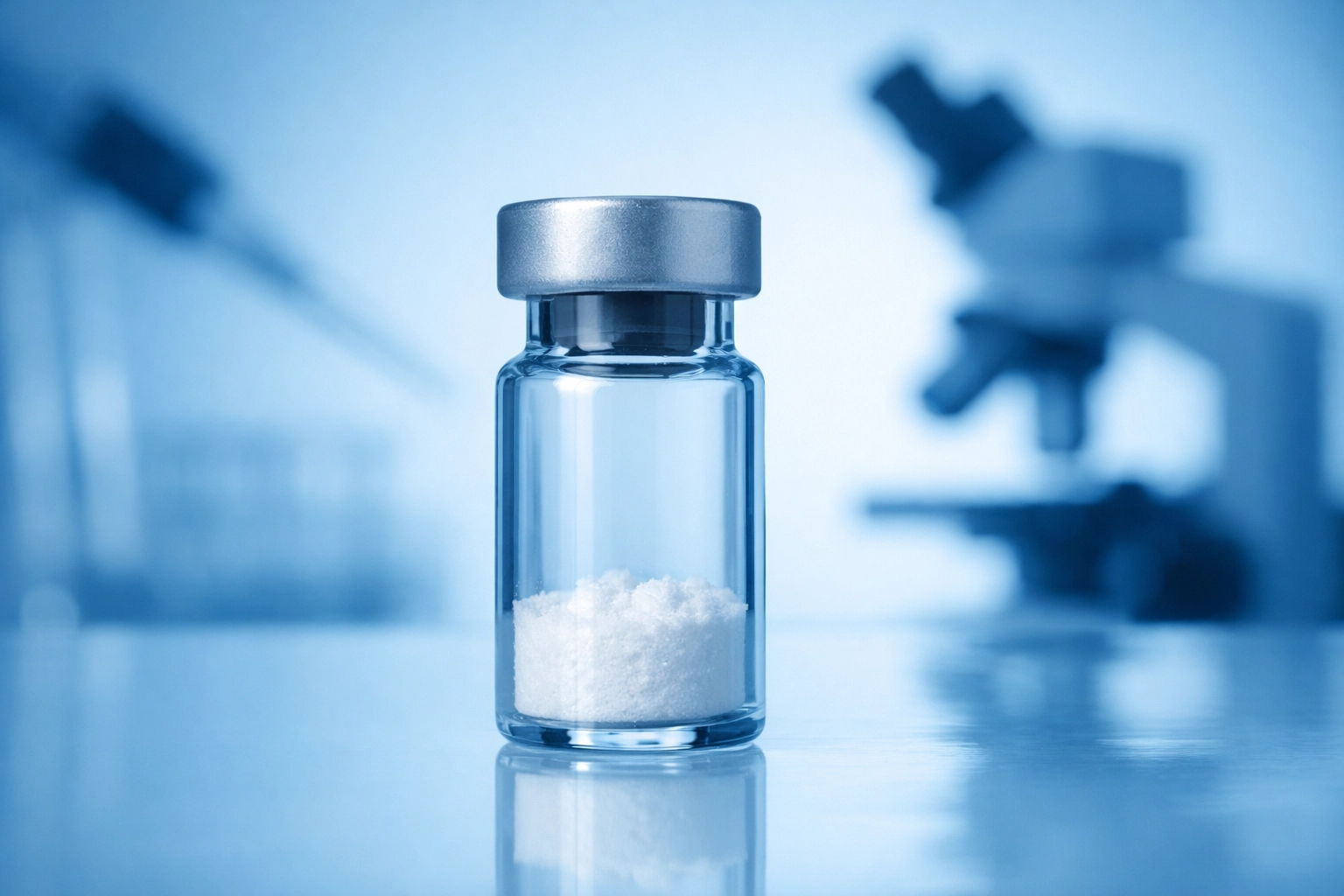 Unbranded lyophilized vial on a reflective lab surface with a cool blue overlay and softly blurred lab tools in the background, representing consistent domestic sourcing and manufacturer reliability.