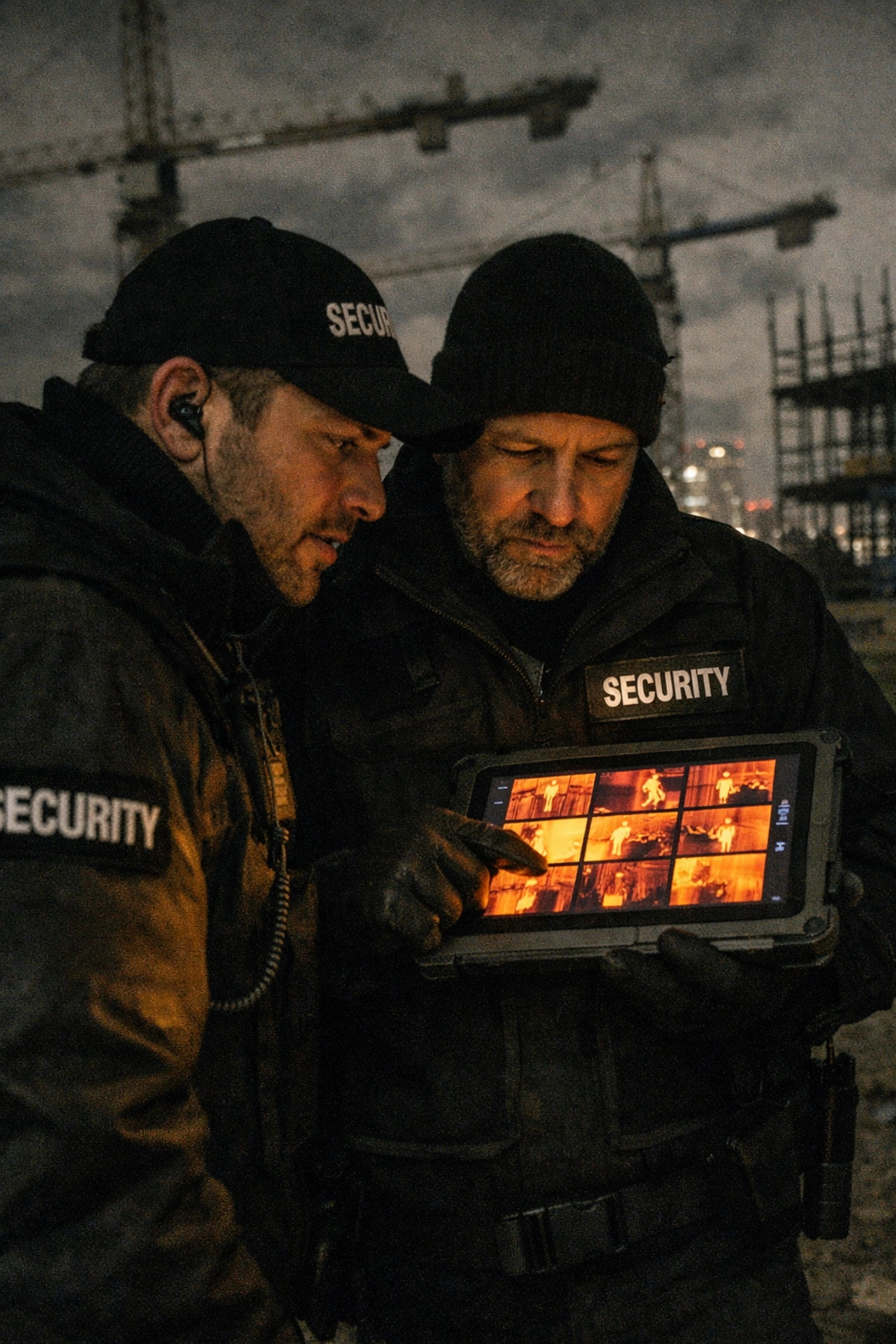 Professionelle Baustellenbewachung Wien durch moderne Videoüberwachung und geschultes Sicherheitspersonal bei Nacht.