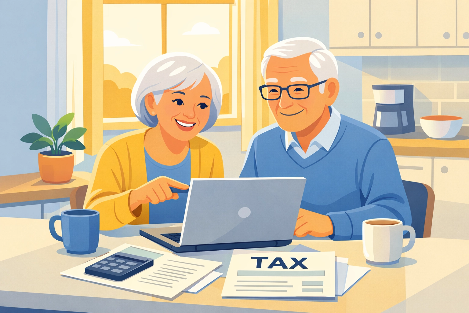Senior couple reviewing tax documents to claim $6,000 tax deduction benefit
