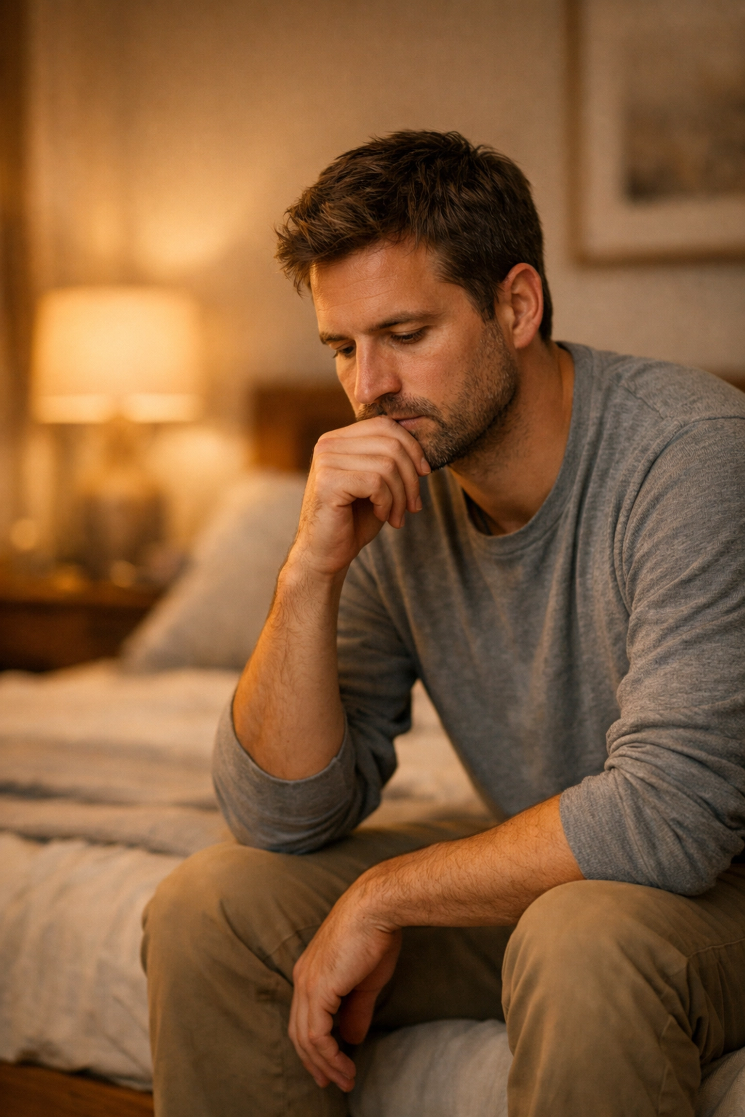 Elgondolkodó férfi a hálószobában, a korai magömlés elleni tudatosság fejlesztése.