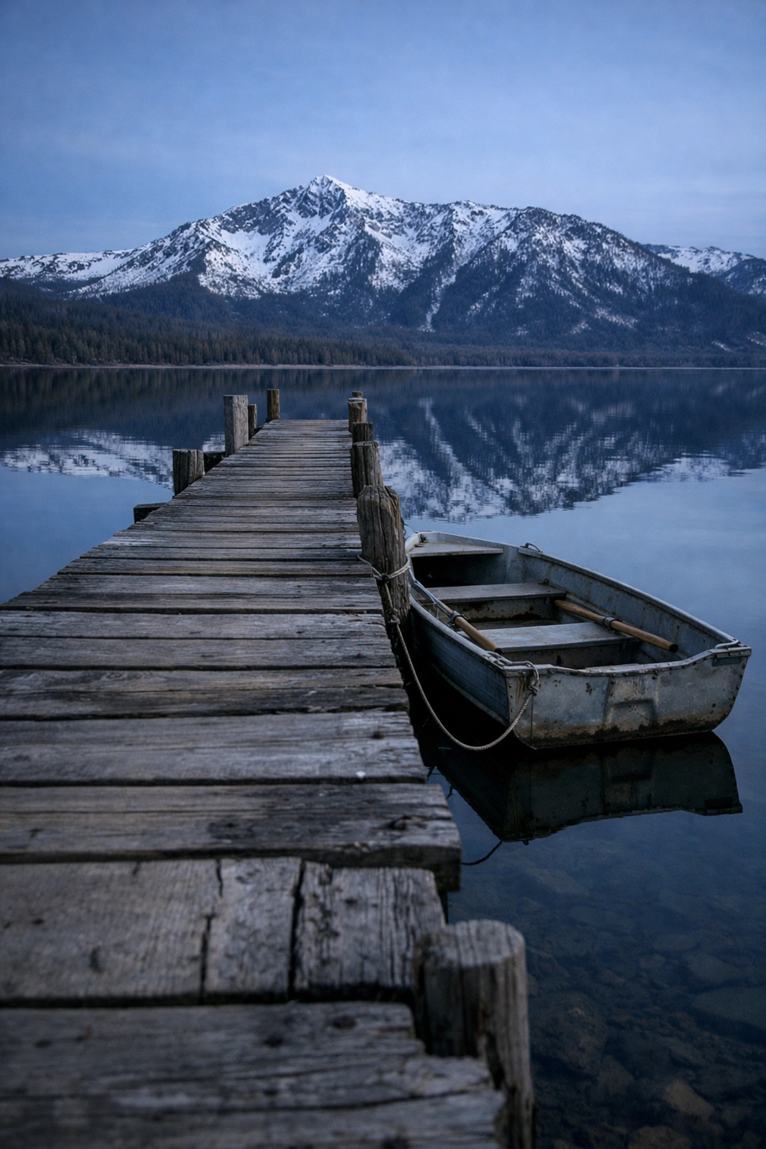 Wooden pier at Fallen Leaf Lake reflecting Mount Tallac, one of the best photo spots in Lake Tahoe.