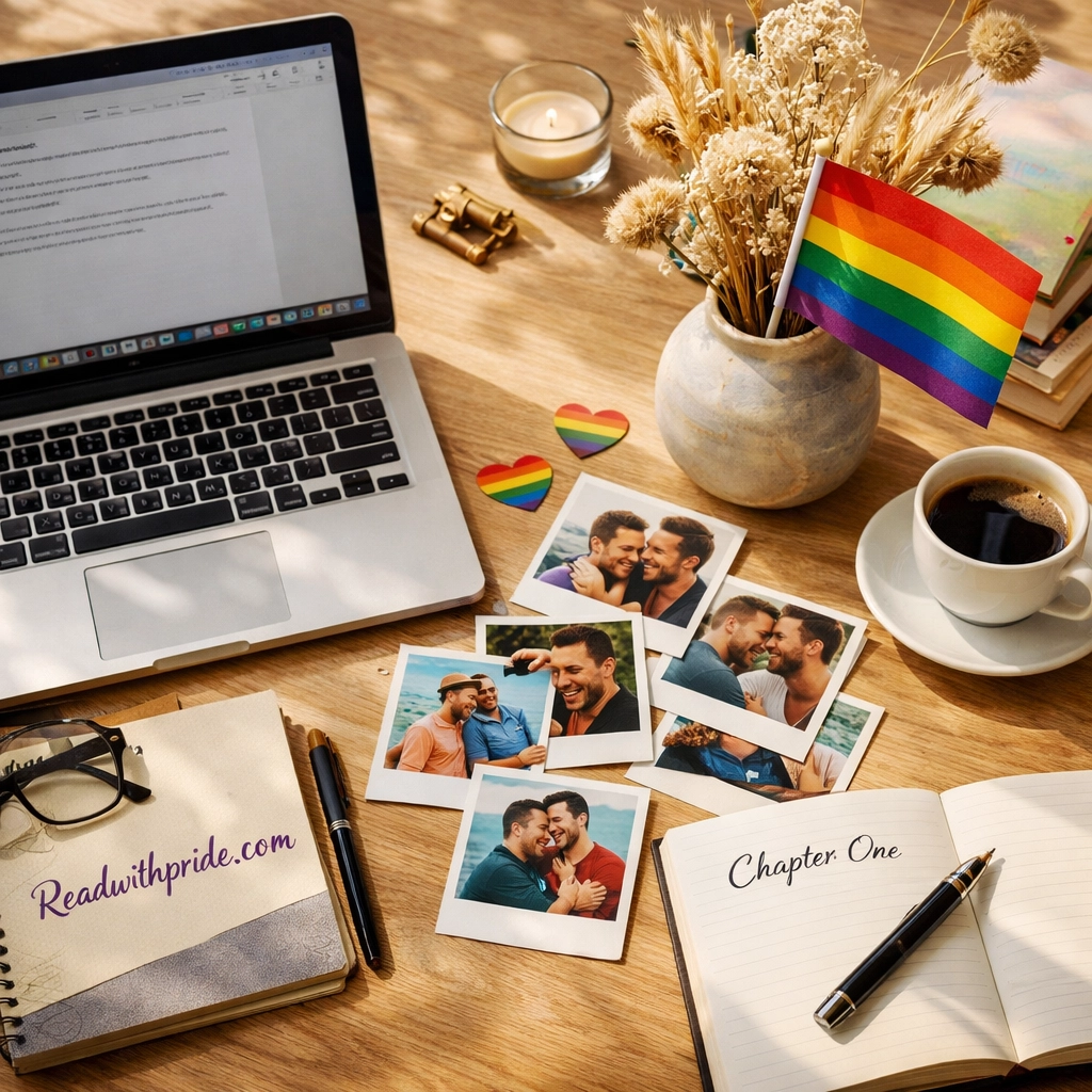 A queer author's workspace with a pride flag, representing the process of publishing gay books on Readwithpride.com.