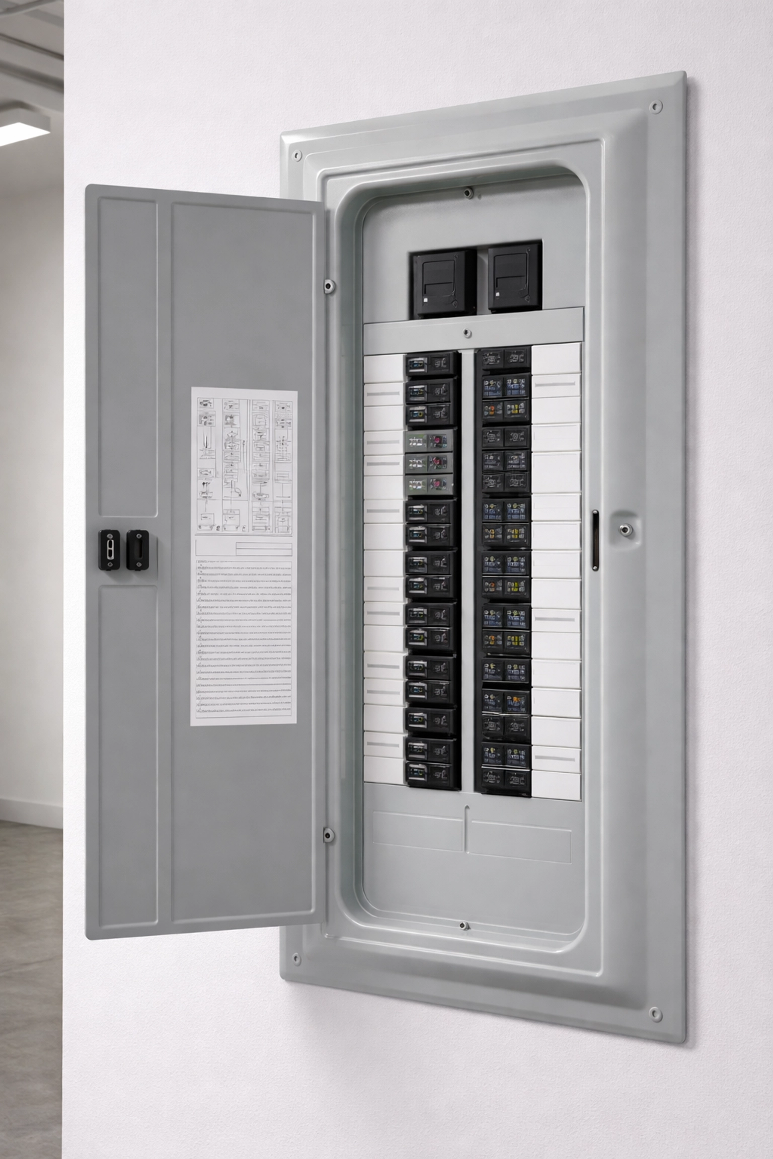 Open residential electrical panel with organized breakers, highlighting Atlanta home electrical repair awareness.