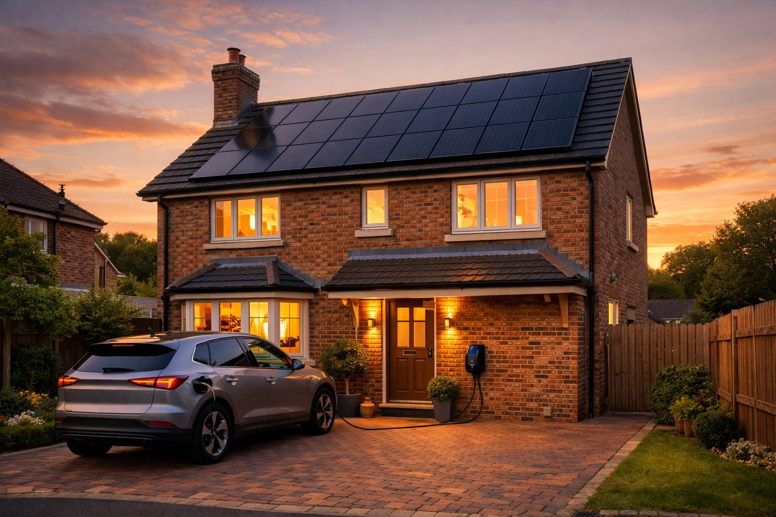 Modern British home with sleek black solar panels and an electric vehicle charger in the driveway.