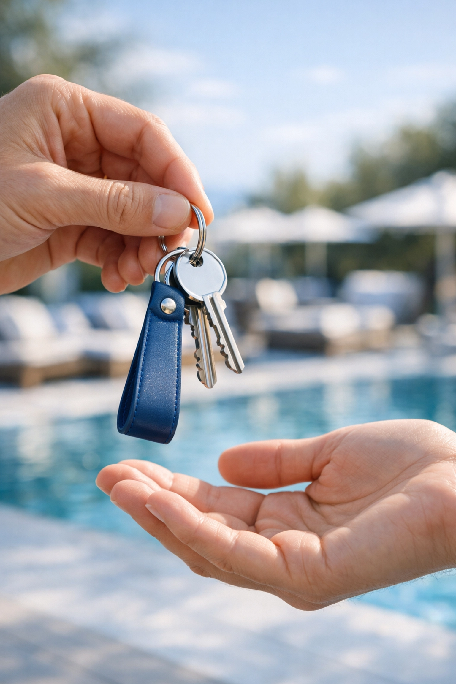 Handing over keys to a new buyer during the successful transition of a pool route sale.