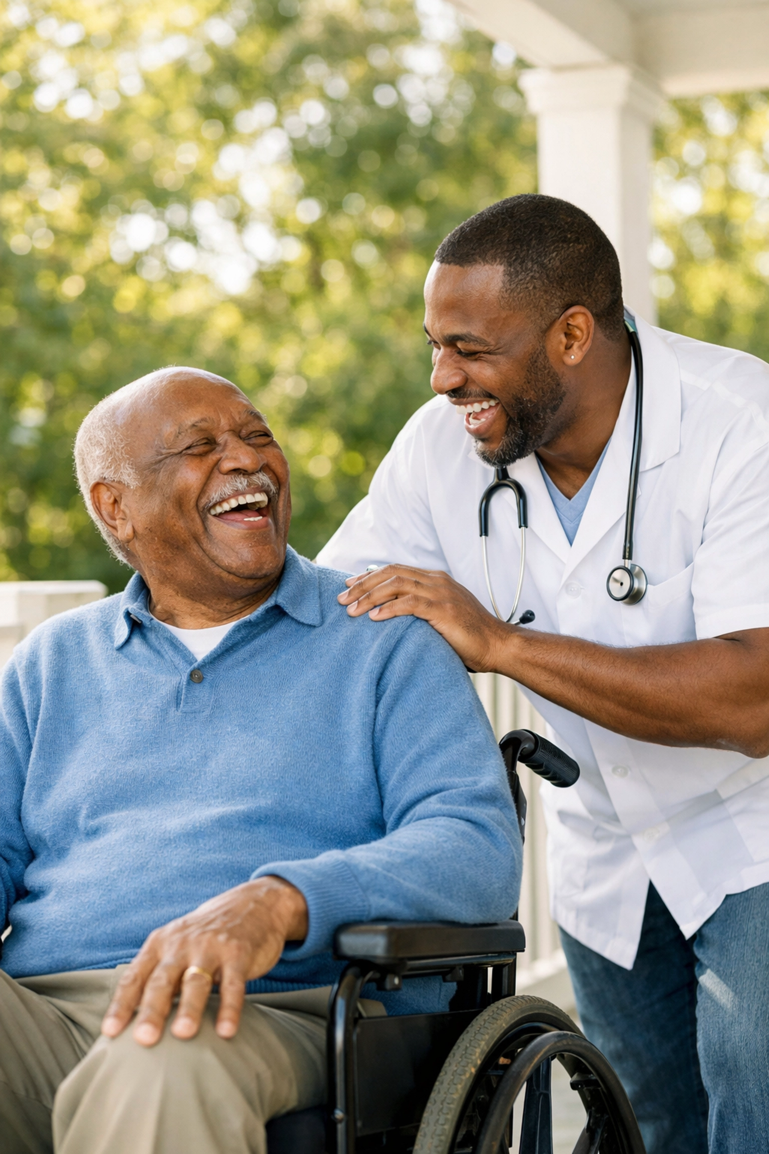Senior man in a wheelchair laughing with a caregiver on a porch during a home care visit in Virginia.