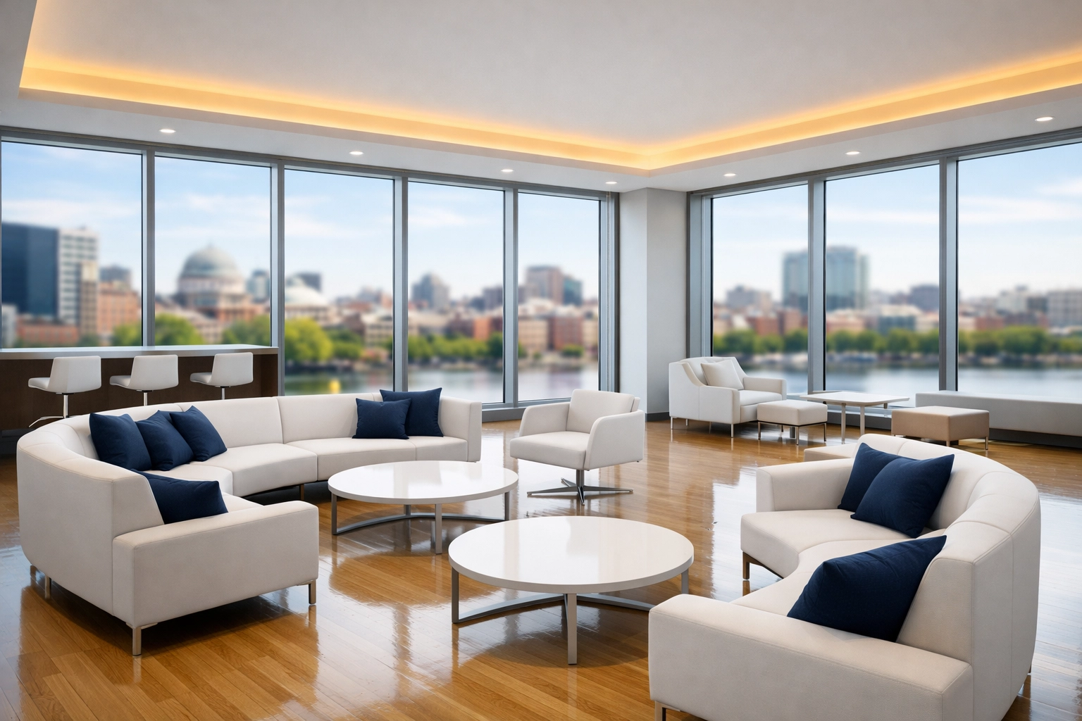 Spotless corporate lounge in Kendall Square showing professional office cleaning Cambridge excellence.