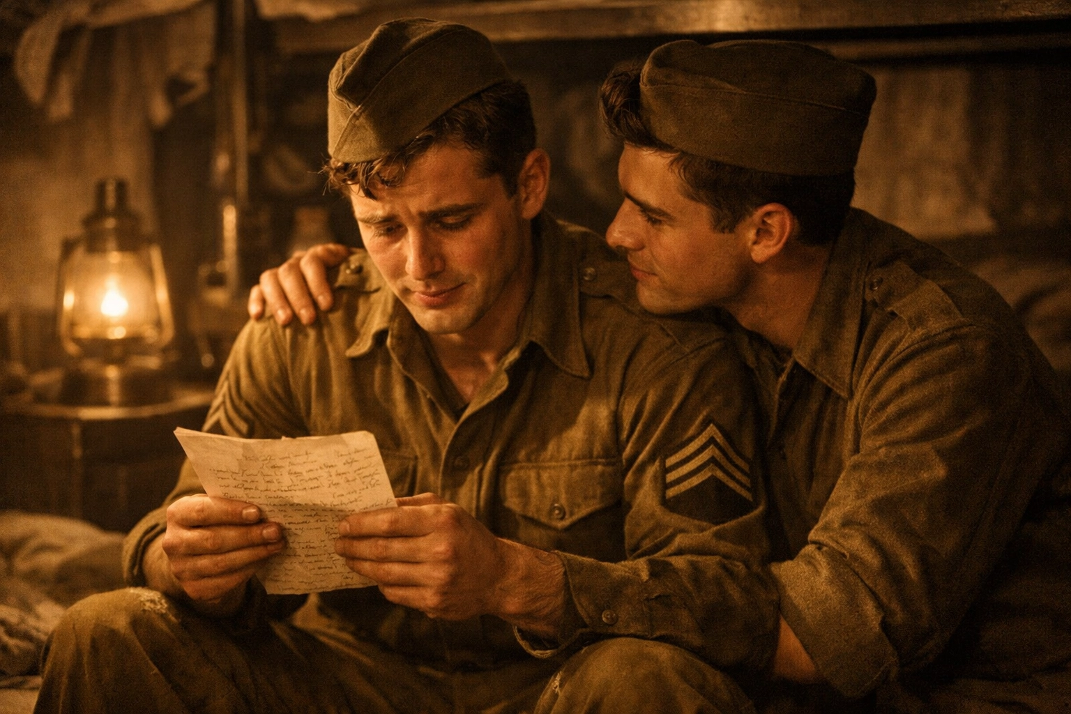WWII gay soldiers sharing intimate moment reading love letter in military barracks