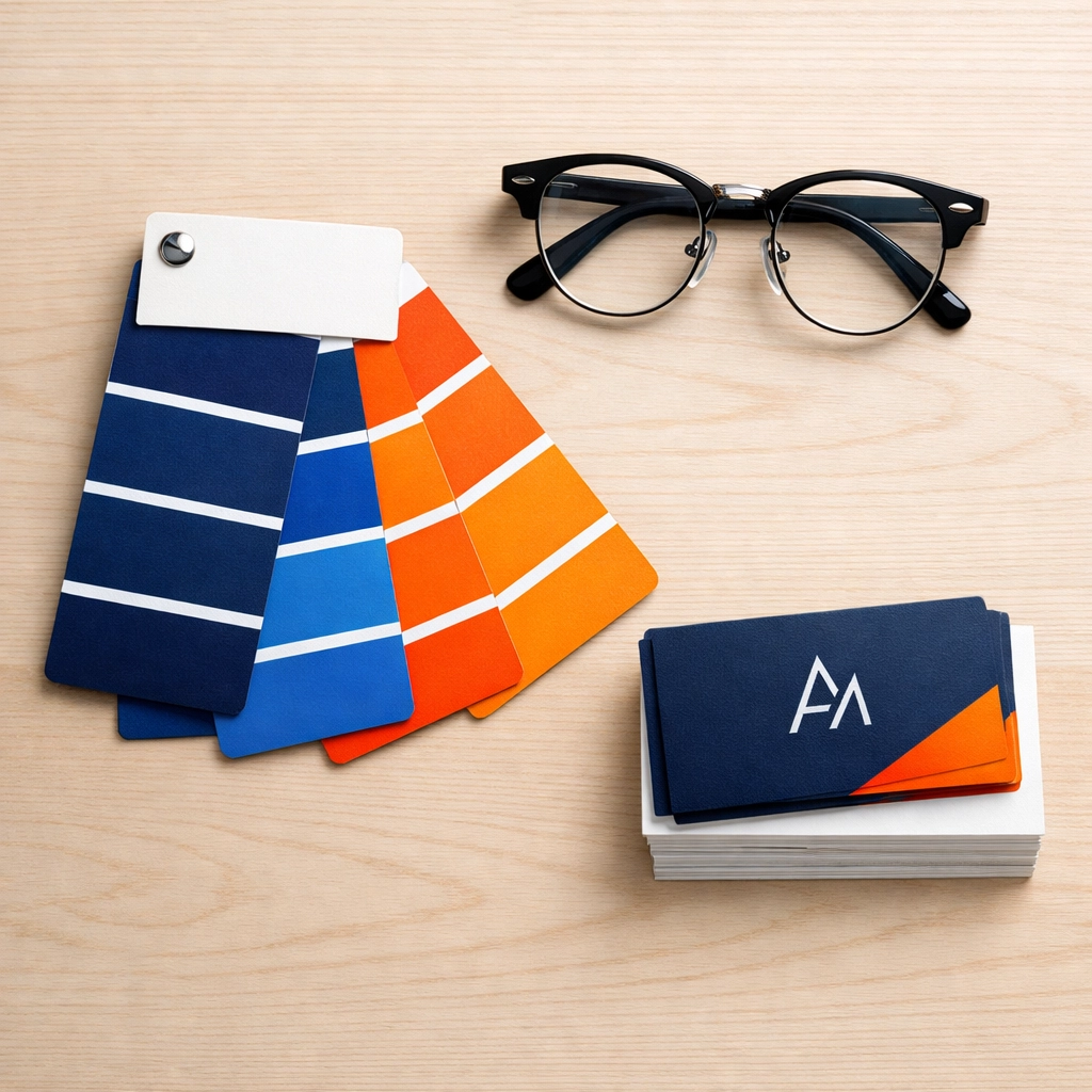 Professional brand identity layout with custom color swatches and premium business cards for a DFW startup.