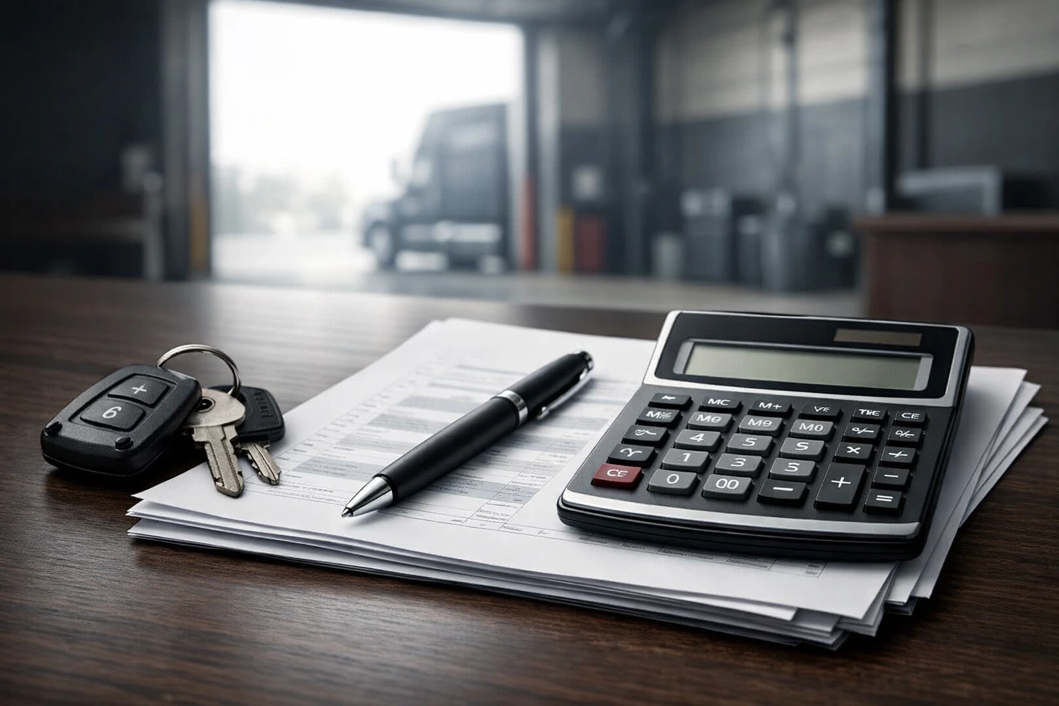 A professional office desk with a calculator and truck keys used for service business bookkeeping and job costing.