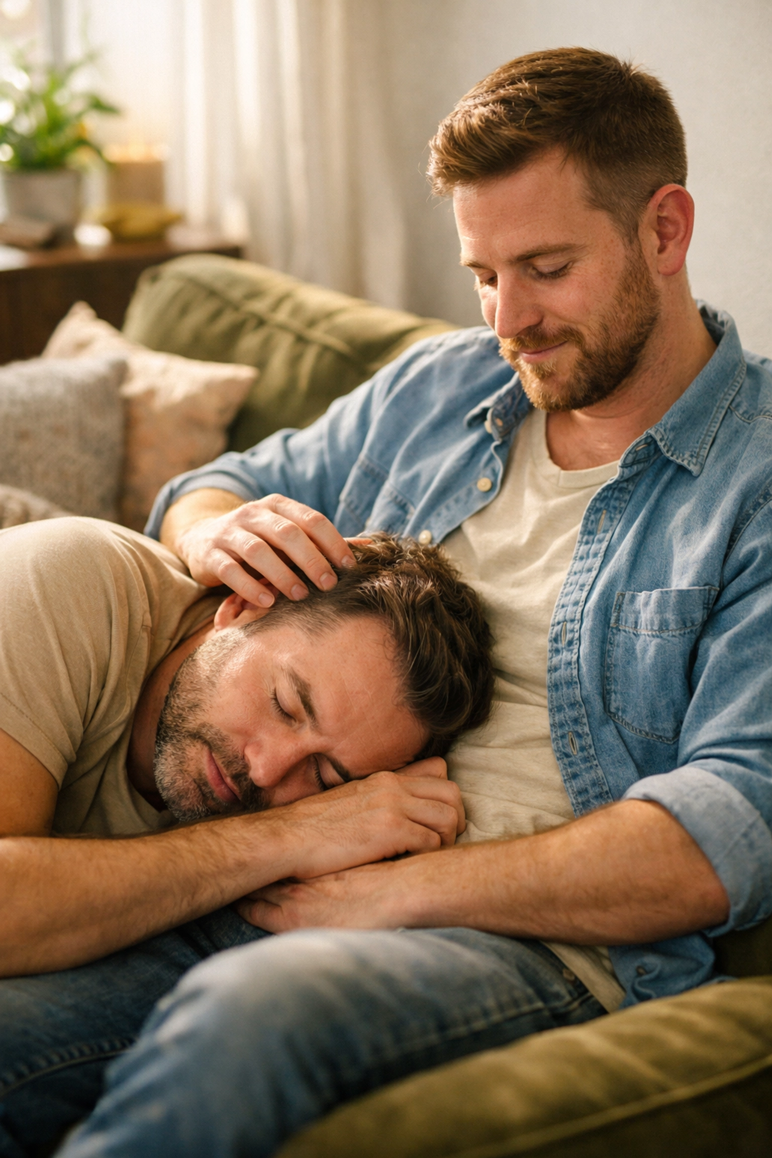 Intimate and emotional moment of a gay couple sharing a tender touch on a sofa.