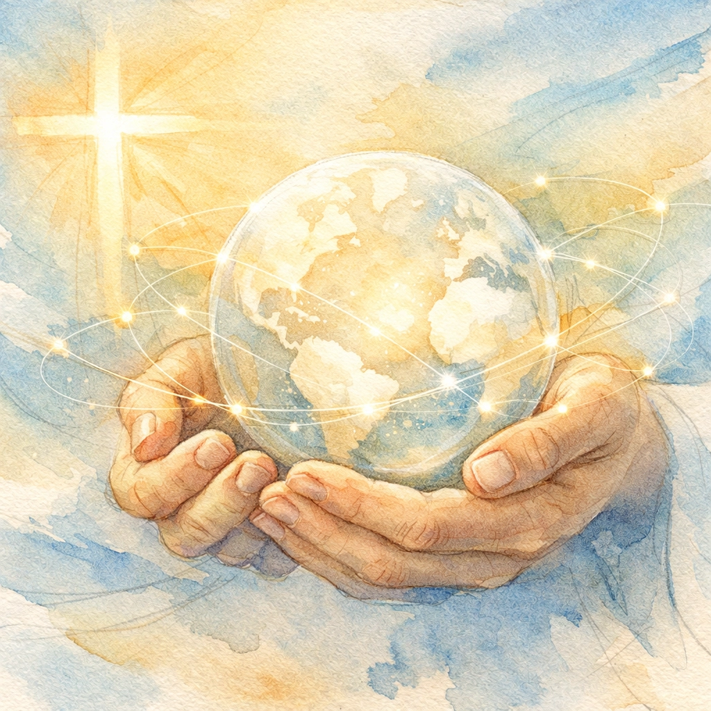 Leader's hands holding globe with connection lines representing purposeful global team leadership