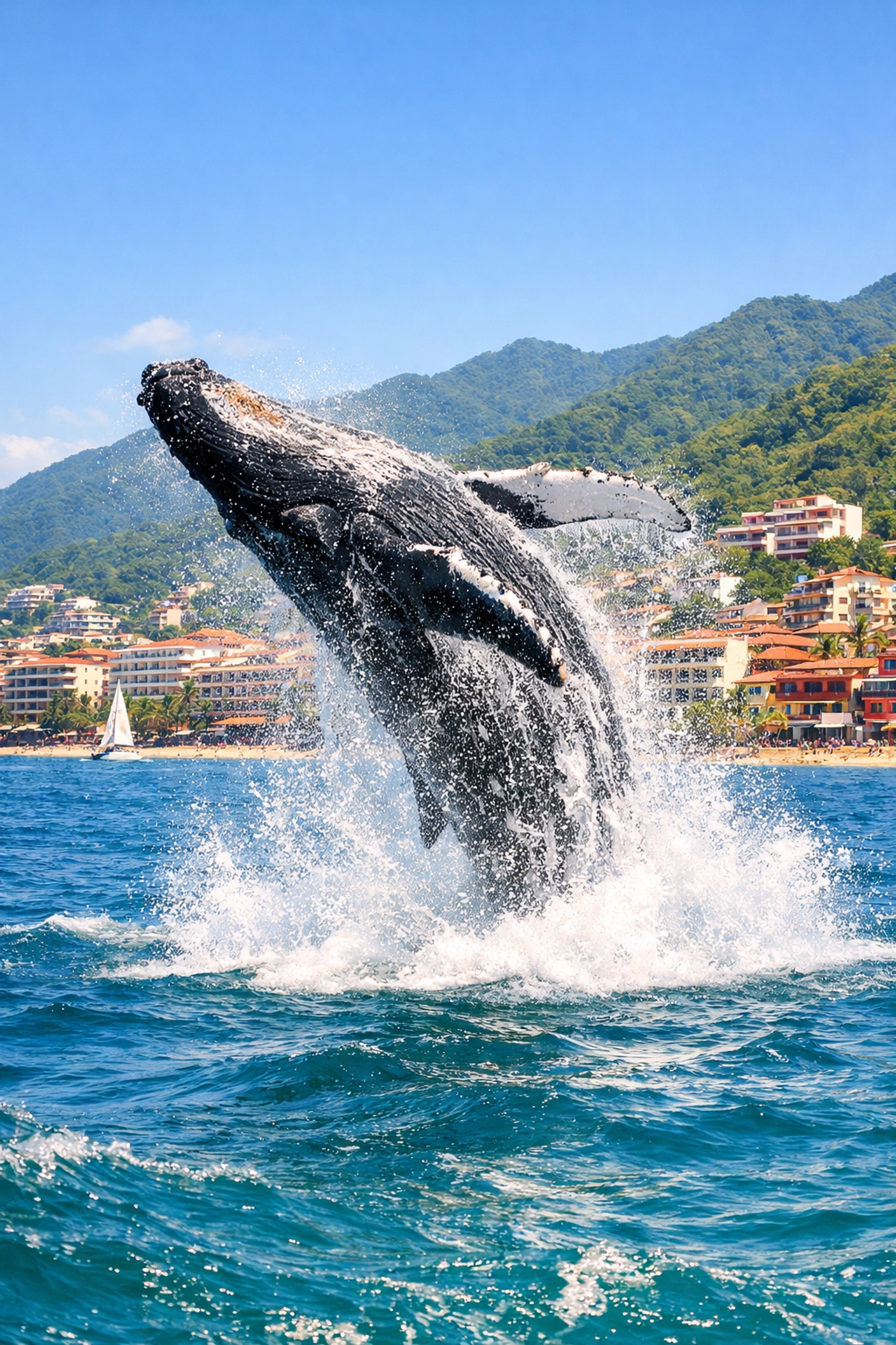 Humpback whale breaching in Banderas Bay near Puerto Vallarta condo rentals in Zona Romantica.