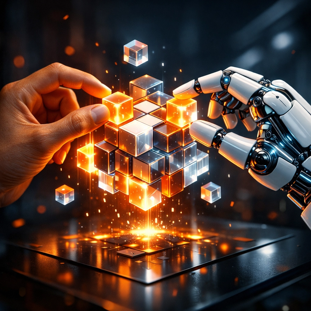 Zusammenarbeit von Mensch und Roboter zur Lösung von Implementierung KI Problemen.