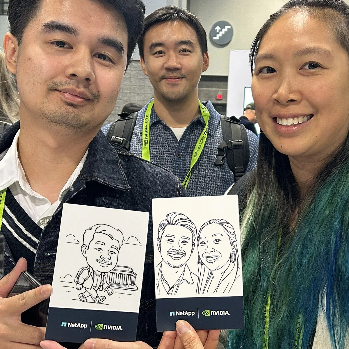 Event attendees holding personalized caricatures from AI Sketch Lab brand activation