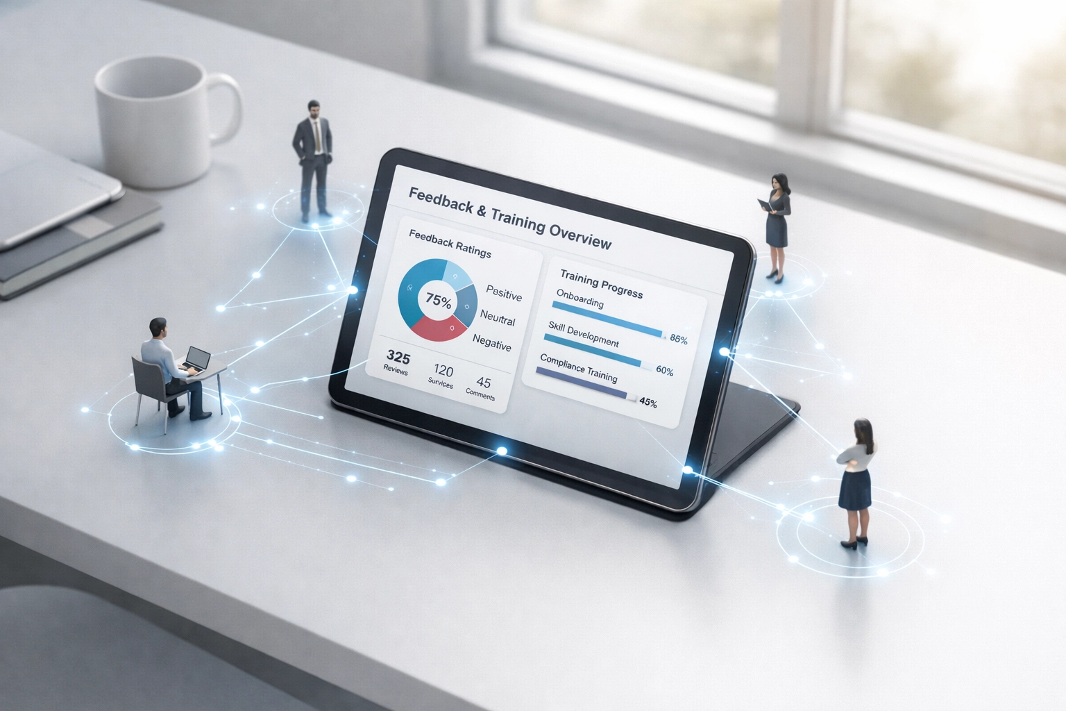 Dashboard showing automated client feedback metrics connected to janitorial staff training programs