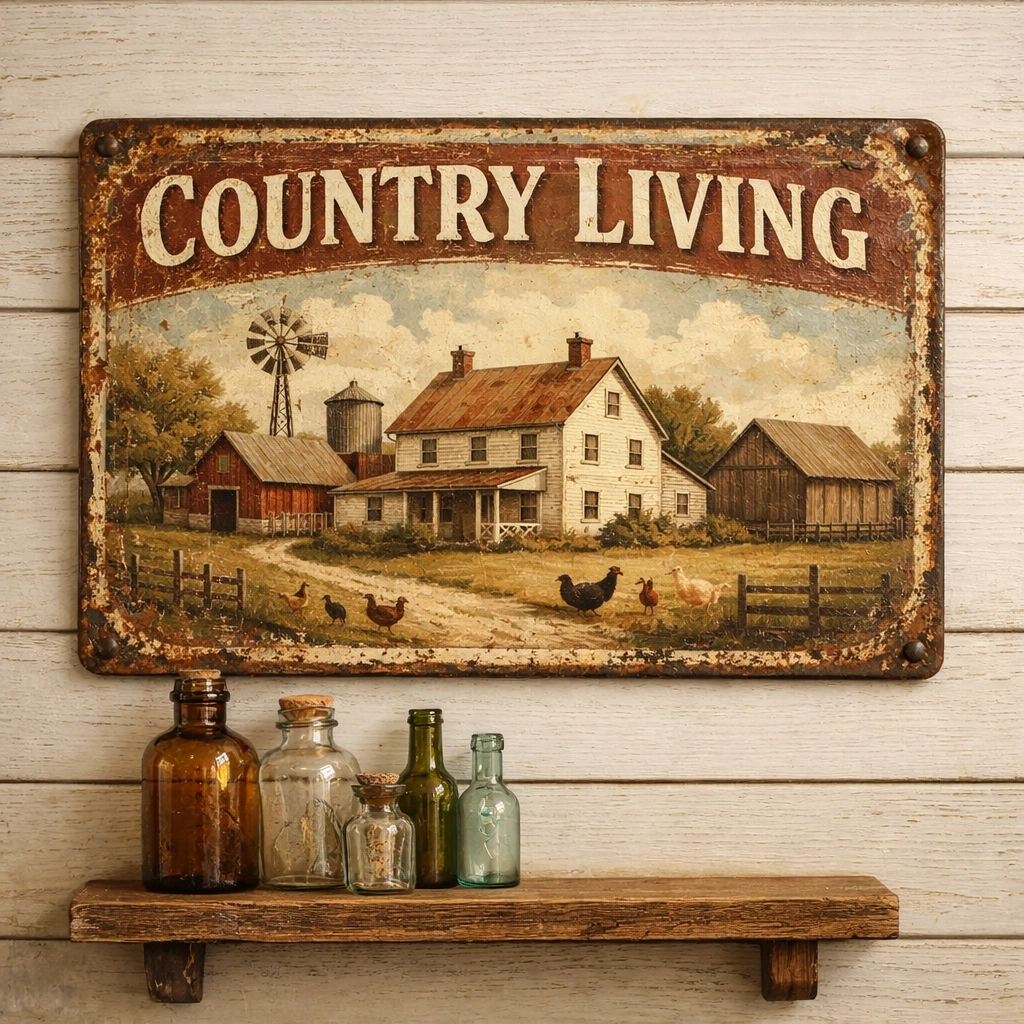 Vintage-style distressed metal farmhouse sign mounted on a rustic white shiplap wall.