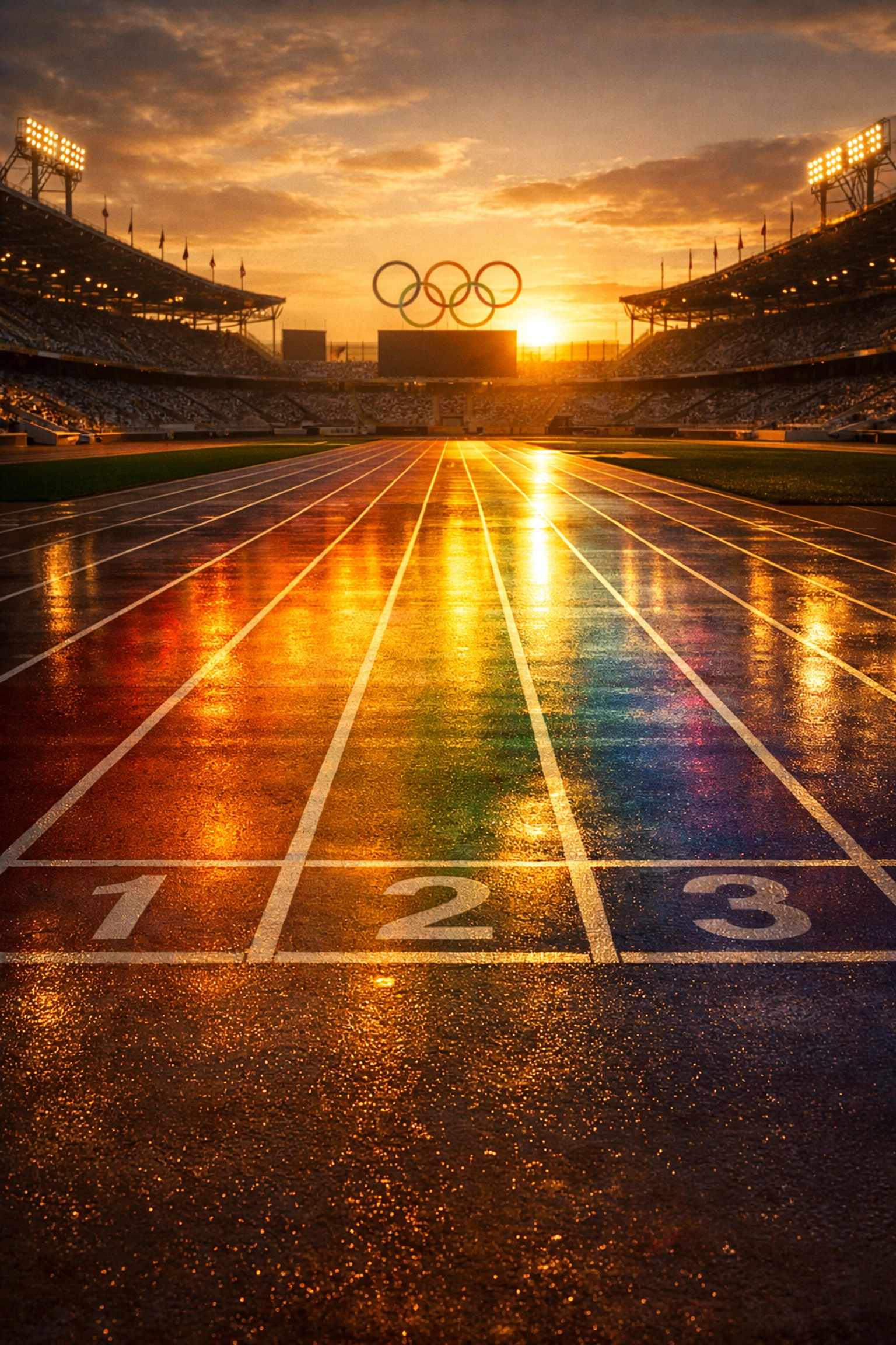 Olympic stadium track reflecting pride flag colors, symbolizing the journey toward LGBTQ+ equality