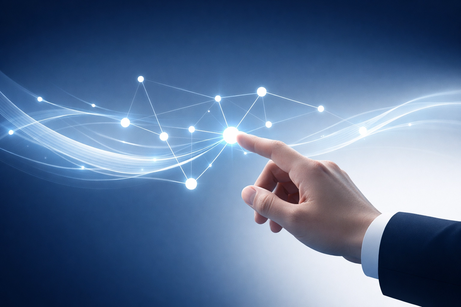 A professional interacting with a glowing digital interface representing human-led AI client service.