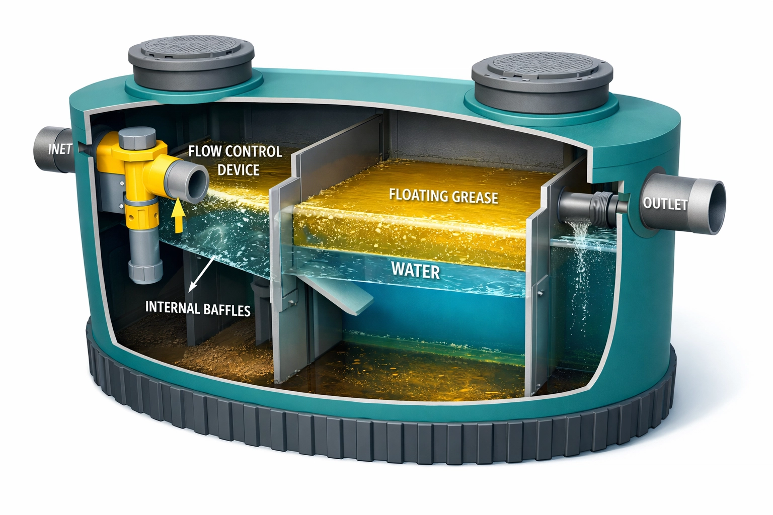 Internal diagram of a grease interceptor showing professional installation and flow control.