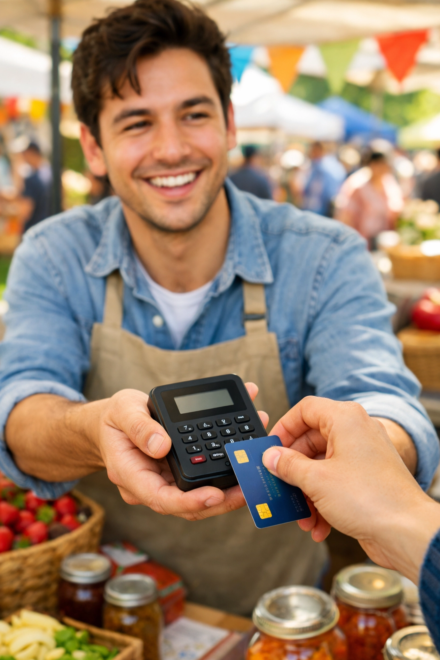 Mobile POS card reader processing payment at UK market stall