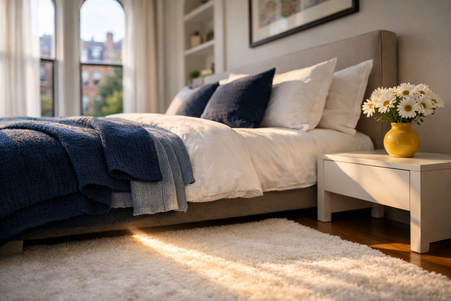 Spotless Boston brownstone bedroom sanitized with expert deep cleaning services.