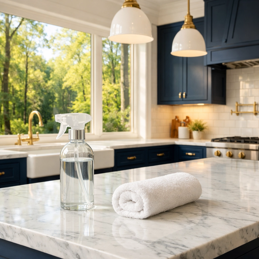 Eco-friendly luxury cleaning in Sudbury using non-toxic products in a high-end marble kitchen.