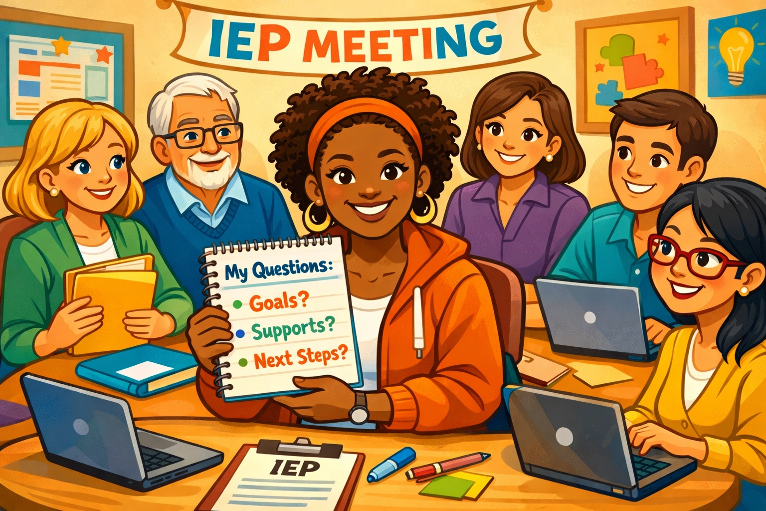 Parent confidently asking questions at IEP meeting with school staff around table