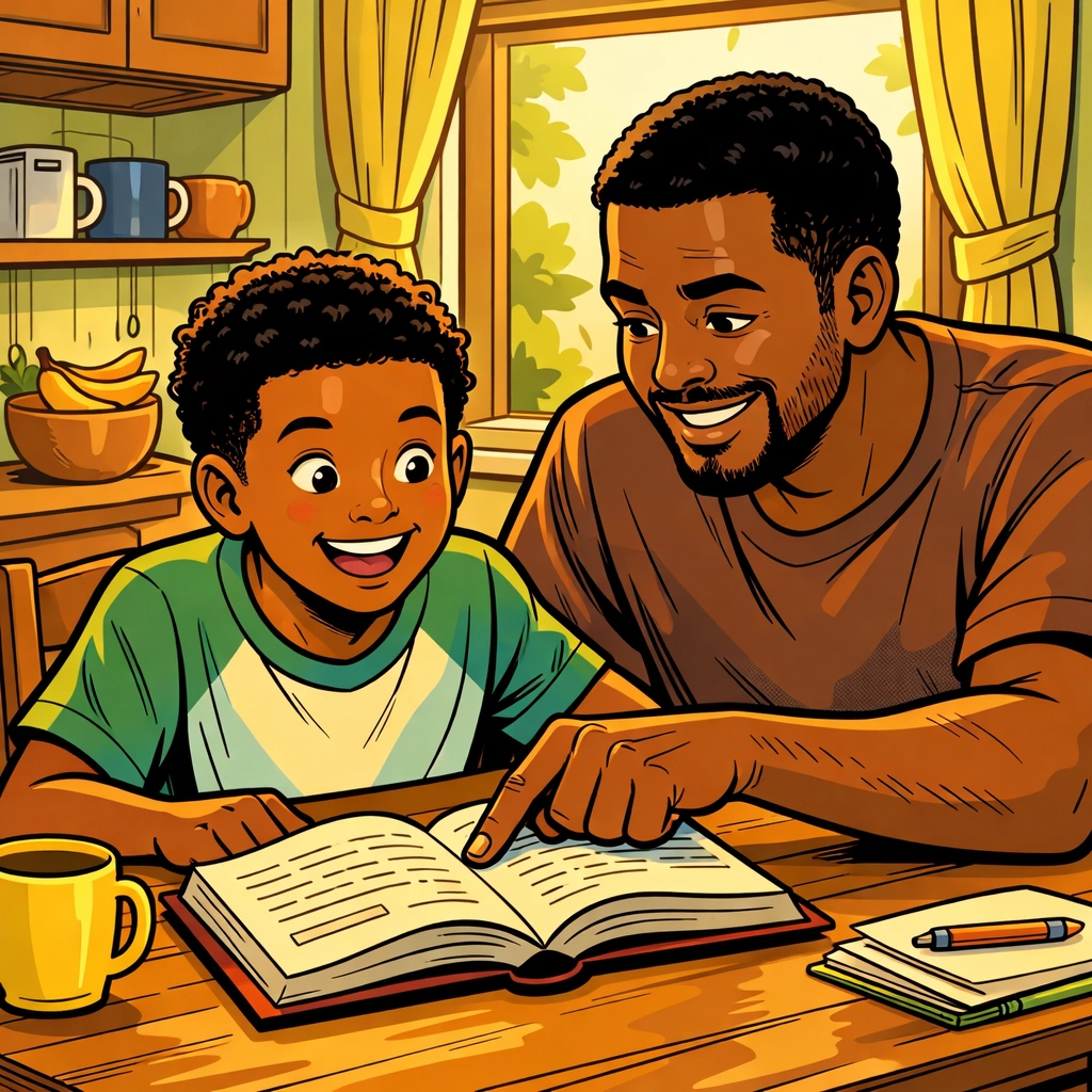 Father and son reading together at kitchen table during daily vocabulary building session