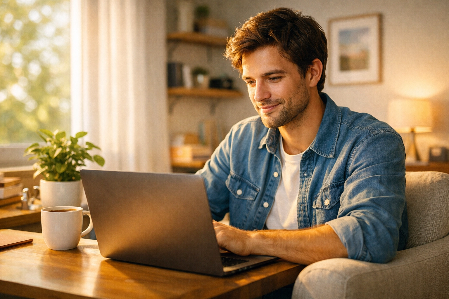 A young man explores Christian faith on his laptop in a sun-lit home office, symbolizing spiritual discovery.