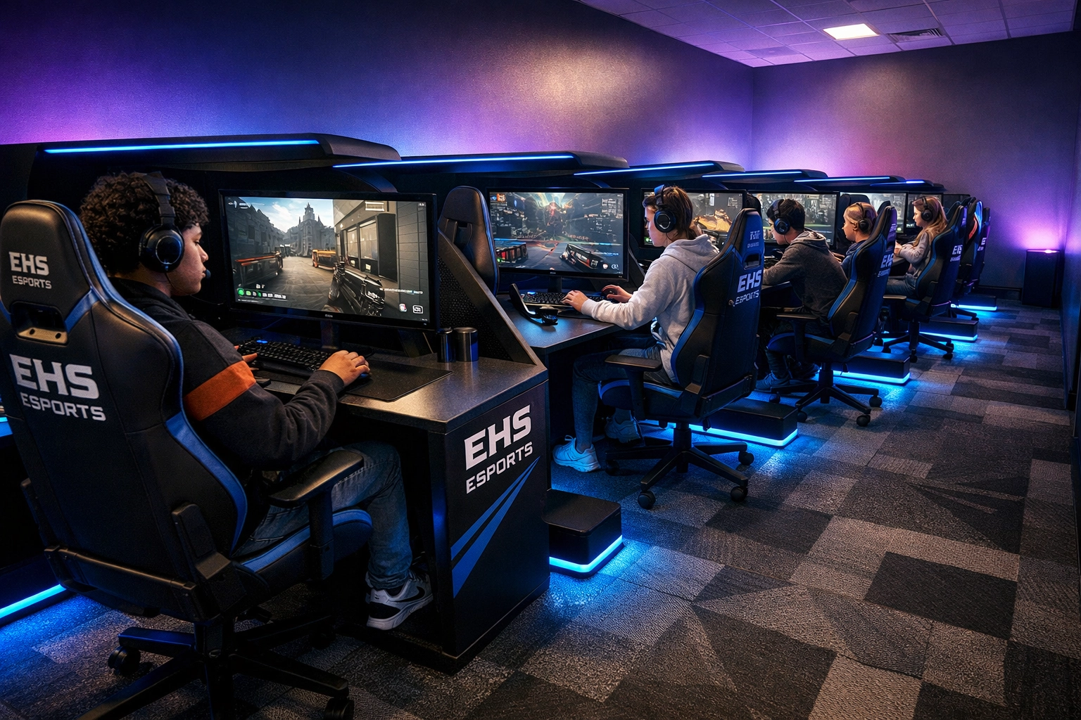 High school students using esports gaming pods in modern computer lab for workforce training